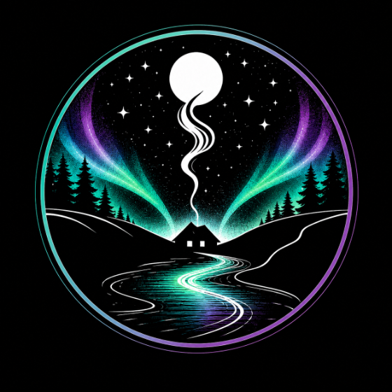 At The River—cabin under the moon, aurora and river mark