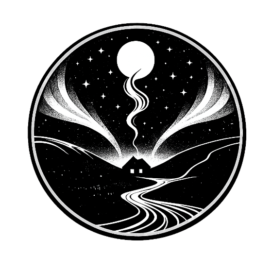 At The River—wood-engraved cabin, moon and river mark